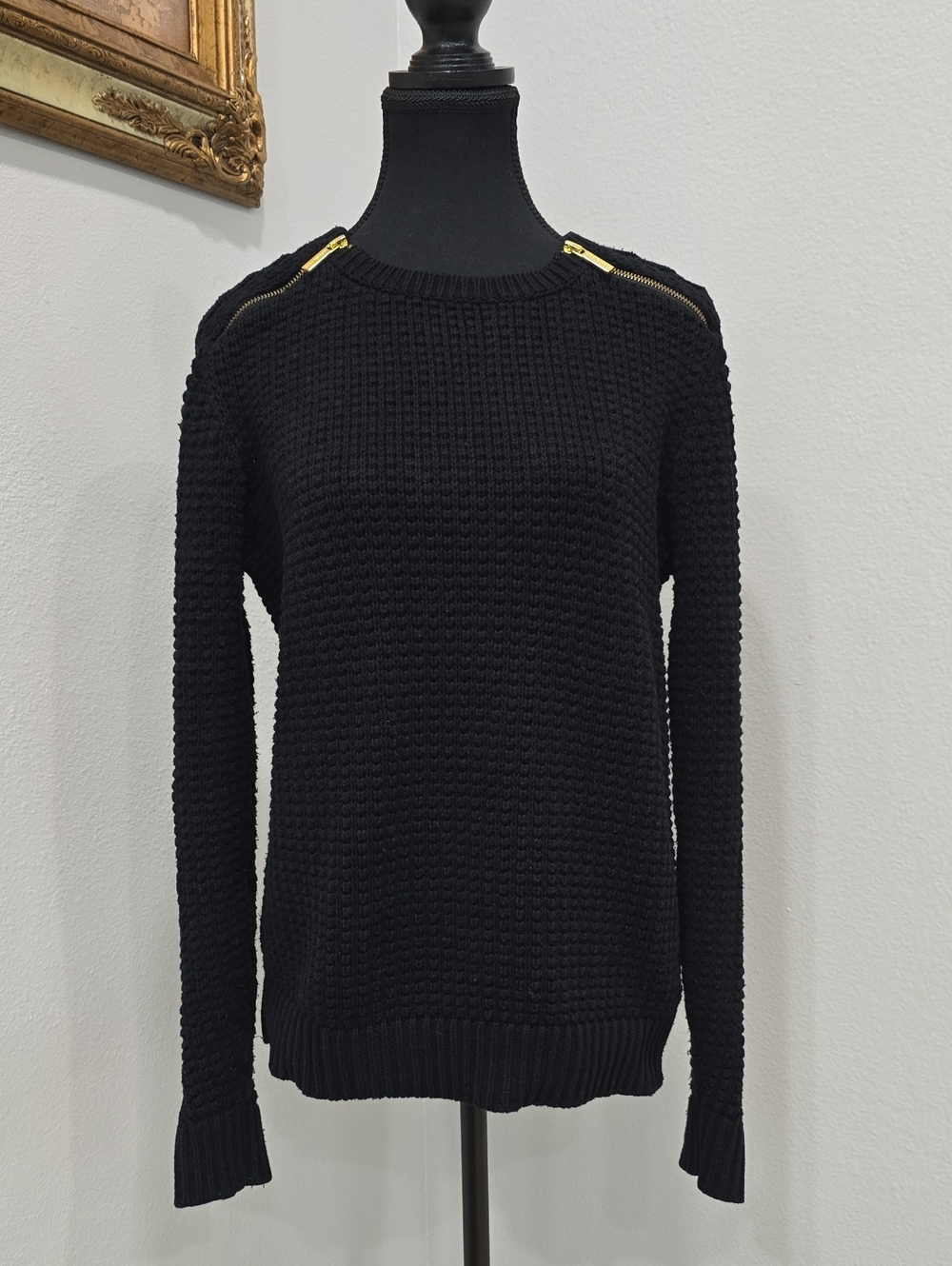 Michael Kors Black Crewneck Sweater with Gold Shoulder Zips